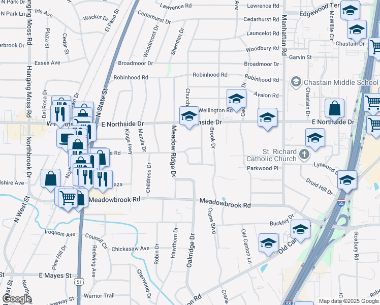 map of restaurants, bars, coffee shops, grocery stores, and more near 706 Gardner Street in Jackson