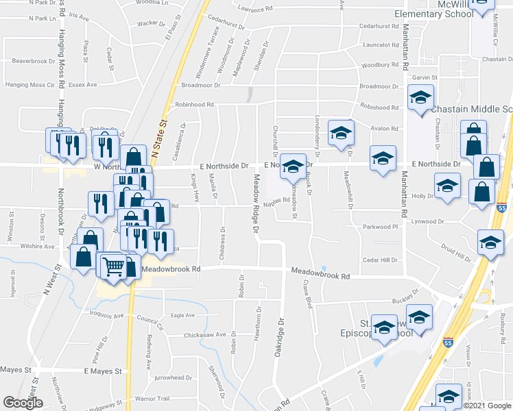 map of restaurants, bars, coffee shops, grocery stores, and more near 4500 Meadowridge Drive in Jackson