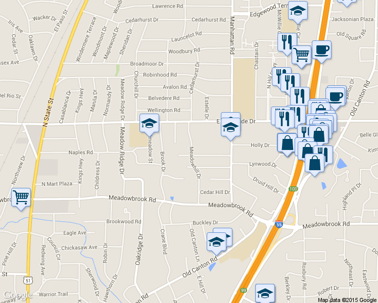 map of restaurants, bars, coffee shops, grocery stores, and more near 964 Meadow Heights Drive in Jackson