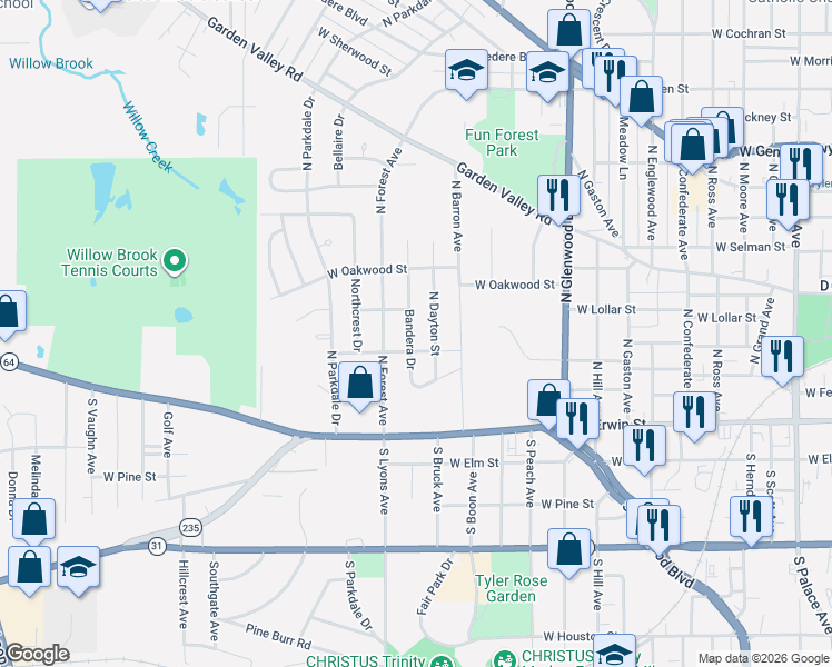 map of restaurants, bars, coffee shops, grocery stores, and more near 307 Bandera Drive in Tyler