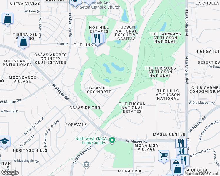 map of restaurants, bars, coffee shops, grocery stores, and more near 2636 West Casas Drive in Tucson