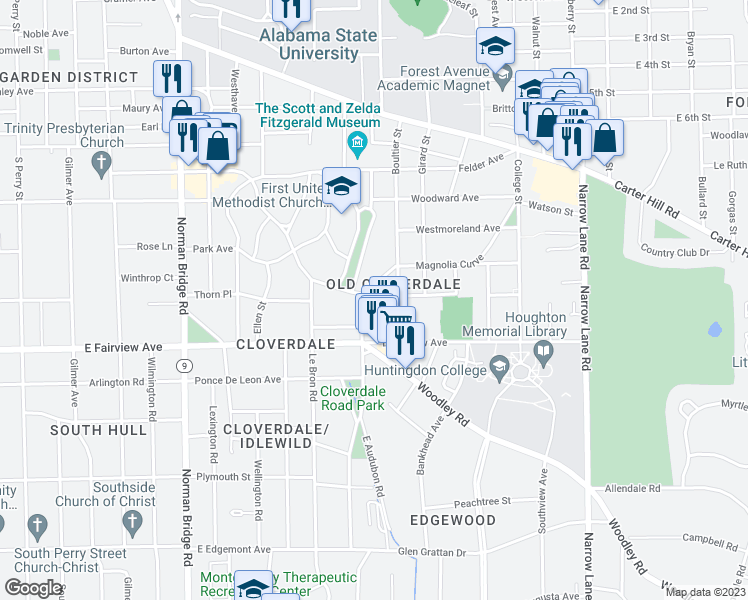 map of restaurants, bars, coffee shops, grocery stores, and more near 903 Cloverdale Rd in Montgomery