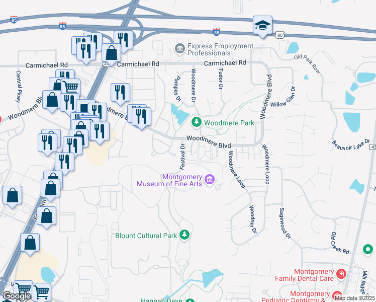 map of restaurants, bars, coffee shops, grocery stores, and more near 1622 Sandstone Court in Montgomery
