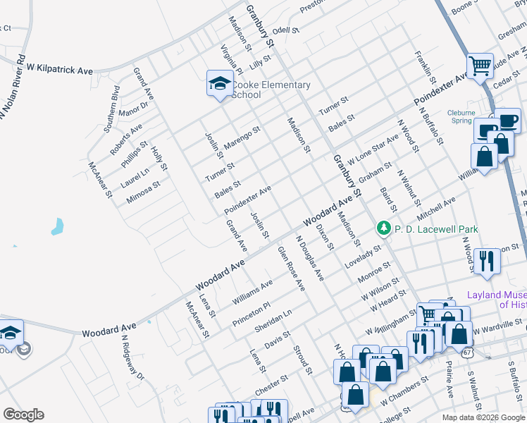 map of restaurants, bars, coffee shops, grocery stores, and more near 1210 West Lone Star Street in Cleburne