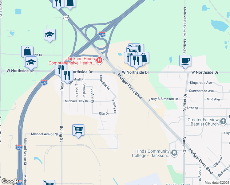 map of restaurants, bars, coffee shops, grocery stores, and more near 1908 Chandler Drive in Jackson