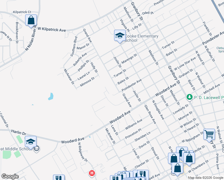 map of restaurants, bars, coffee shops, grocery stores, and more near 1211 Grand Avenue in Cleburne