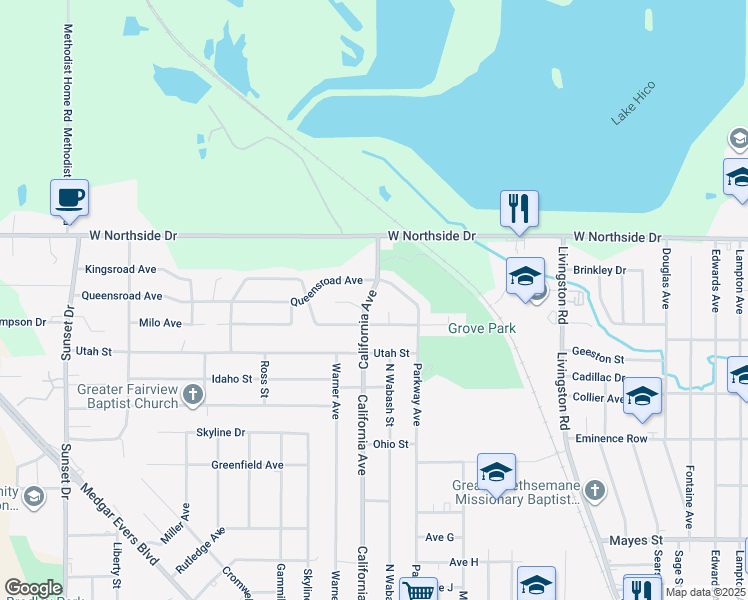 map of restaurants, bars, coffee shops, grocery stores, and more near 4344 California Avenue in Jackson