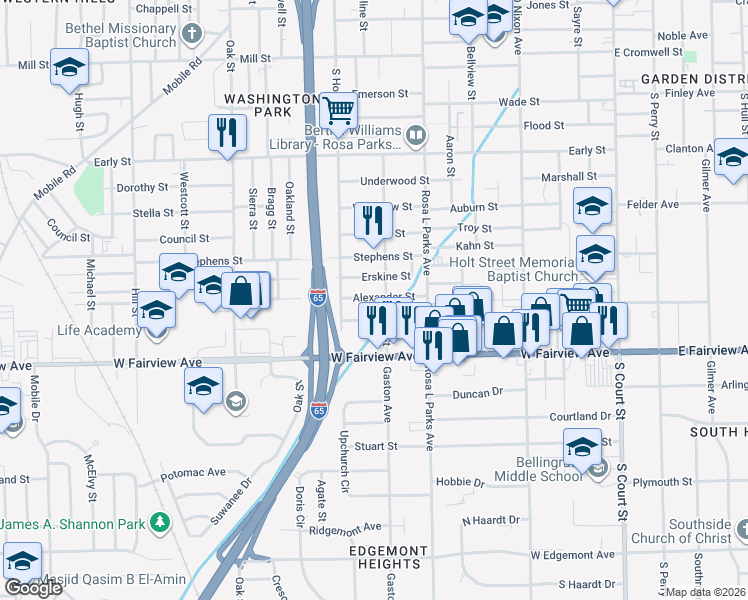 map of restaurants, bars, coffee shops, grocery stores, and more near 715 Alexander Street in Montgomery