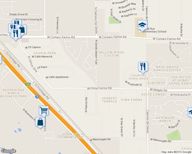 map of restaurants, bars, coffee shops, grocery stores, and more near Triangle Leaf Court in Tucson