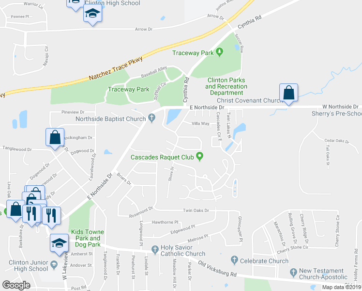 map of restaurants, bars, coffee shops, grocery stores, and more near 136 Caribbean Cove in Clinton