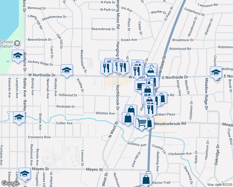 map of restaurants, bars, coffee shops, grocery stores, and more near 200 Stillwood Drive in Jackson