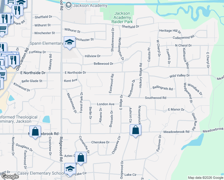 map of restaurants, bars, coffee shops, grocery stores, and more near 4506 Eastwood Road in Jackson