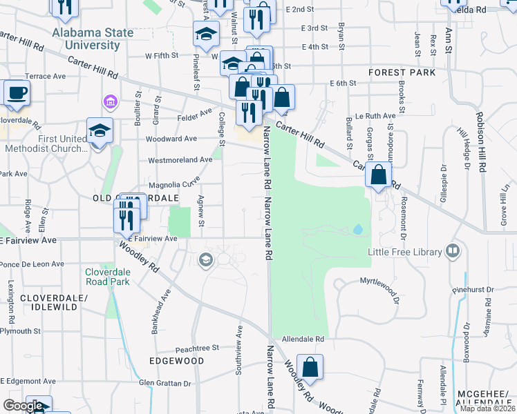 map of restaurants, bars, coffee shops, grocery stores, and more near 2506 Crenshaw Close Court in Montgomery