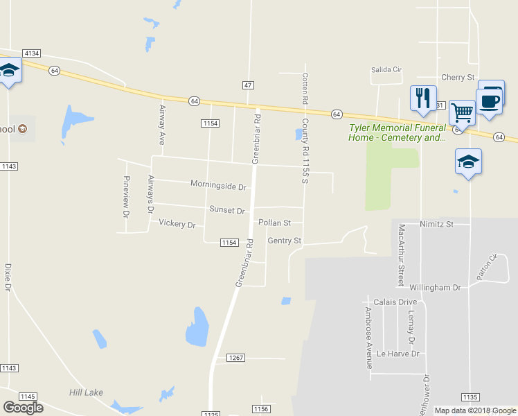 map of restaurants, bars, coffee shops, grocery stores, and more near 12558 Kara Lynn Place in Tyler