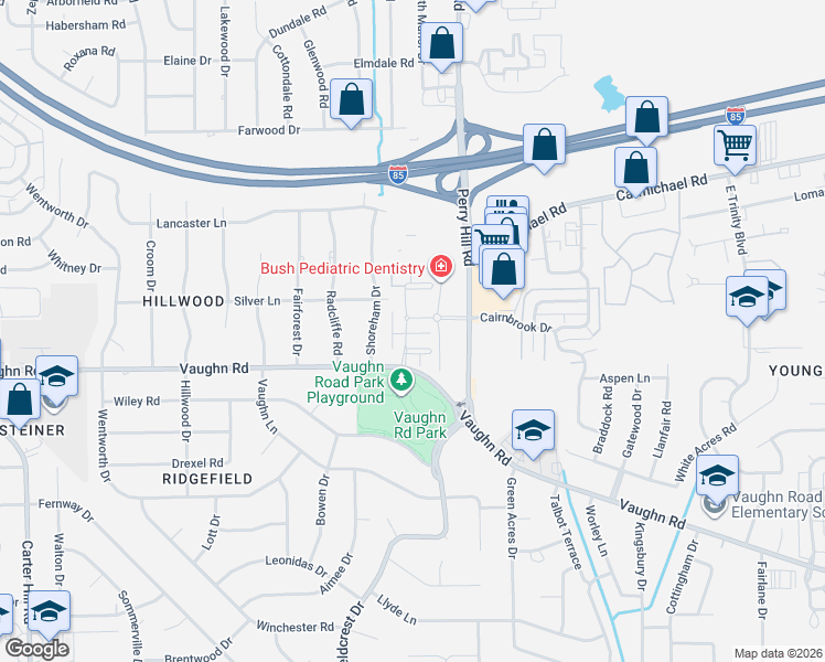map of restaurants, bars, coffee shops, grocery stores, and more near Windsor Hill Boulevard in Montgomery
