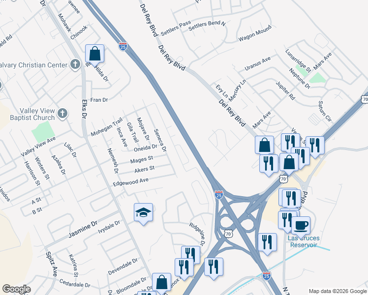 map of restaurants, bars, coffee shops, grocery stores, and more near 4054 Seneca Drive in Las Cruces