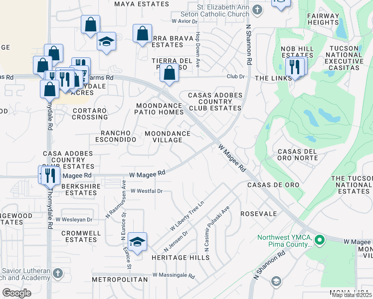 map of restaurants, bars, coffee shops, grocery stores, and more near 8105 North Modena Drive in Tucson