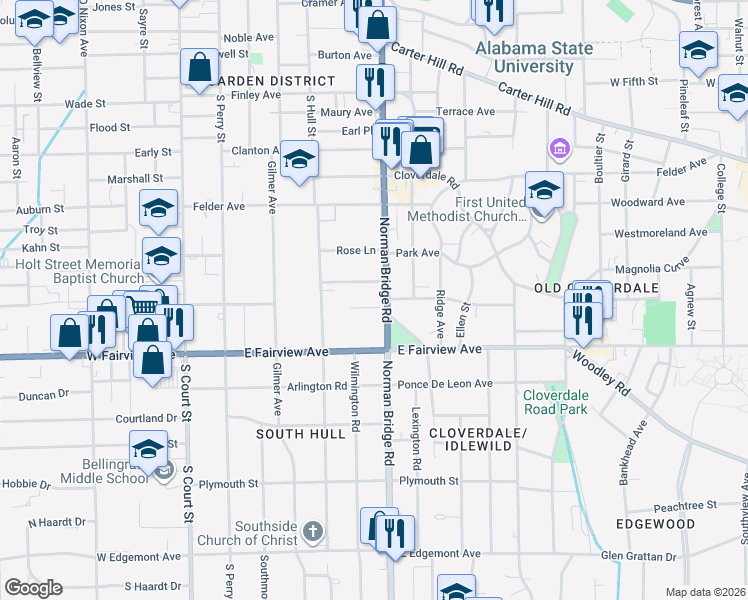 map of restaurants, bars, coffee shops, grocery stores, and more near 1940 Norman Bridge Court in Montgomery