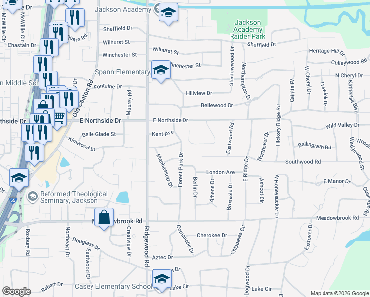 map of restaurants, bars, coffee shops, grocery stores, and more near 101 Kirkwood Court in Jackson