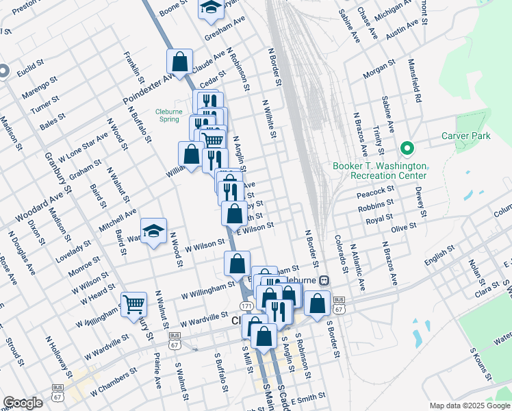 map of restaurants, bars, coffee shops, grocery stores, and more near 201 Locust Street in Cleburne