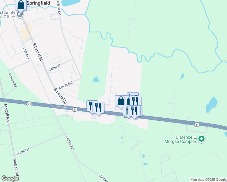 map of restaurants, bars, coffee shops, grocery stores, and more near 117 Ebenezer Bluff Road in Springfield