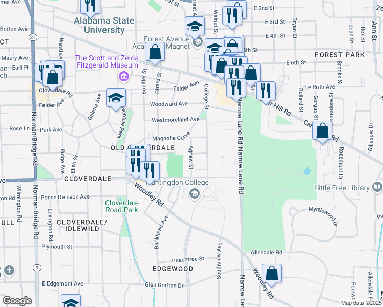 map of restaurants, bars, coffee shops, grocery stores, and more near 2499 Agnew Street in Montgomery