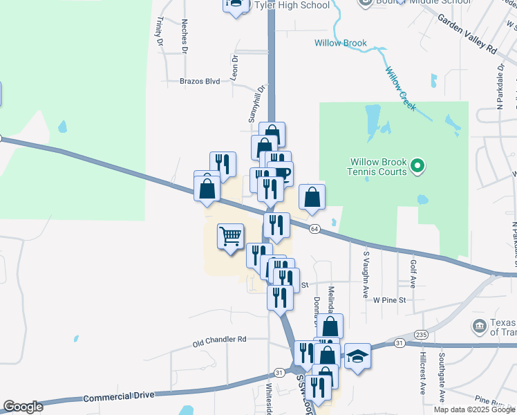 map of restaurants, bars, coffee shops, grocery stores, and more near 11331 West Erwin Street in Tyler