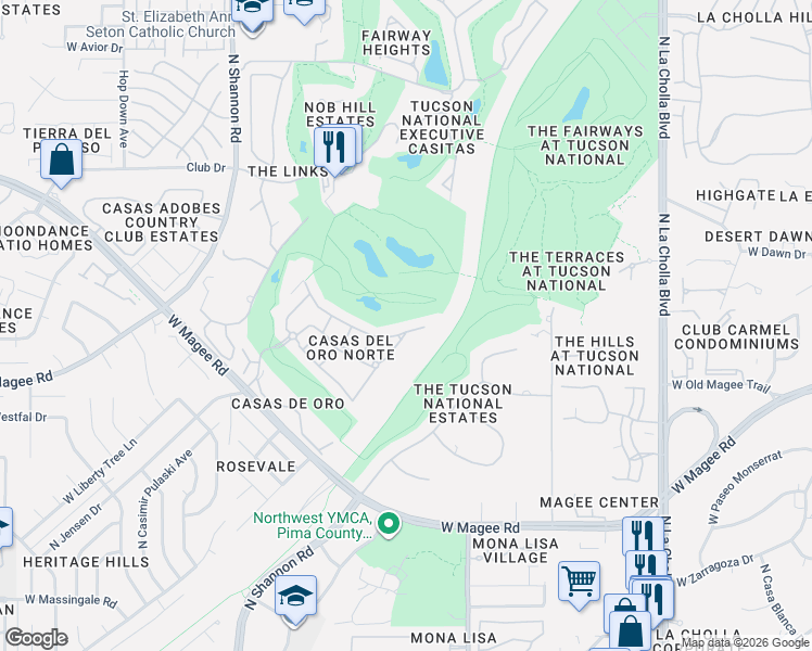 map of restaurants, bars, coffee shops, grocery stores, and more near 2542 West Casas Drive in Tucson