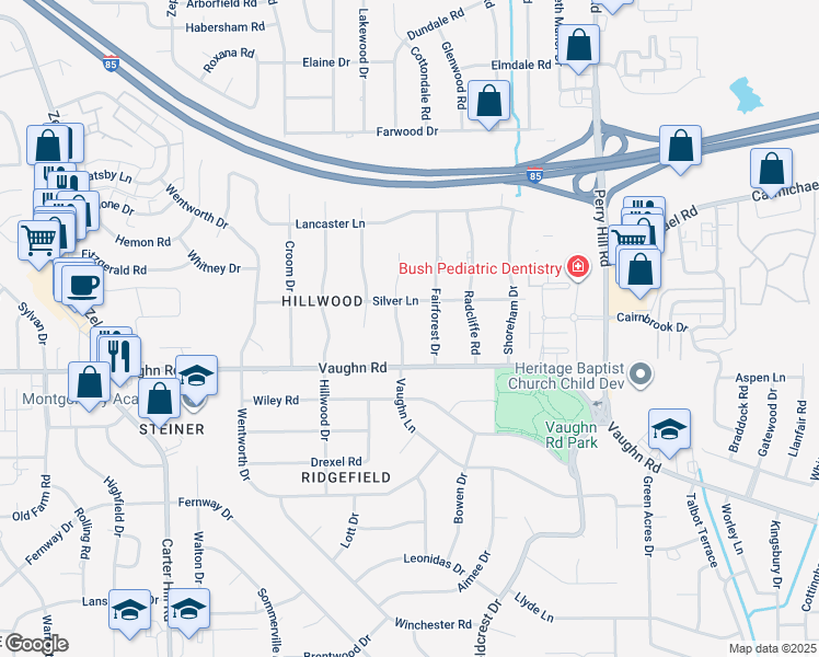 map of restaurants, bars, coffee shops, grocery stores, and more near 1821 Vaughn Lane in Montgomery