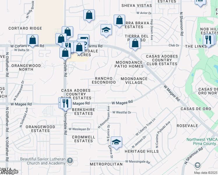 map of restaurants, bars, coffee shops, grocery stores, and more near 8127 North Midnight Way in Tucson
