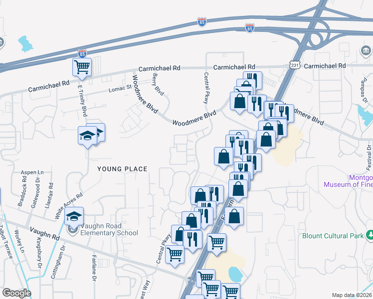 map of restaurants, bars, coffee shops, grocery stores, and more near Azalea Park Lane in Montgomery