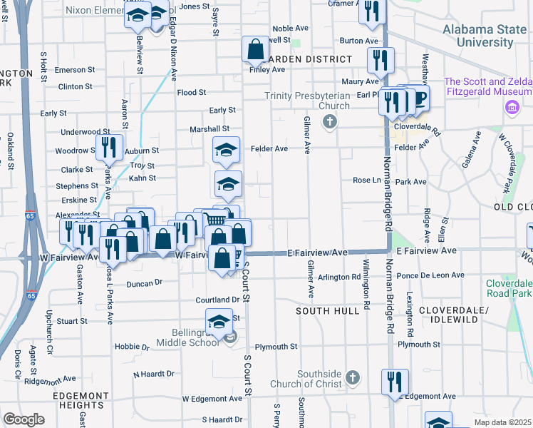 map of restaurants, bars, coffee shops, grocery stores, and more near 1668 South Perry Street in Montgomery