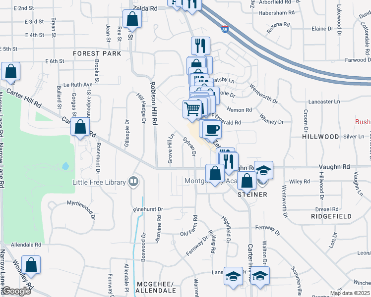 map of restaurants, bars, coffee shops, grocery stores, and more near 1829 Shadow Lane in Montgomery