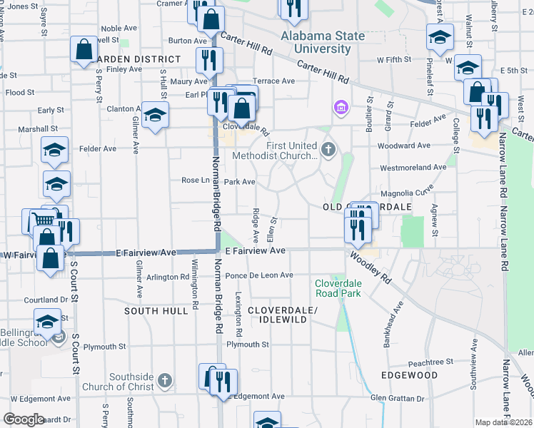 map of restaurants, bars, coffee shops, grocery stores, and more near 628 Thorn Place in Montgomery