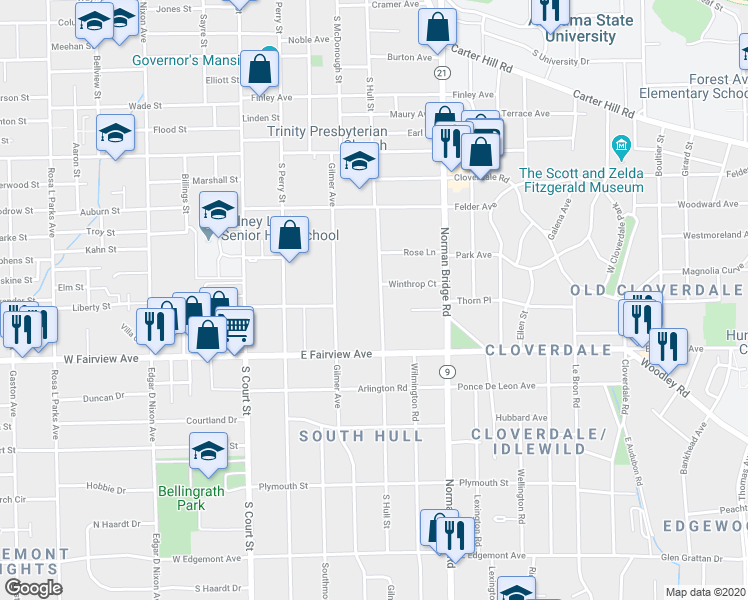 map of restaurants, bars, coffee shops, grocery stores, and more near 2033 South Hull Street in Montgomery