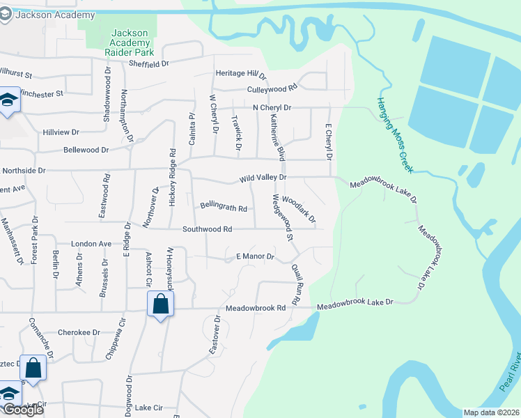 map of restaurants, bars, coffee shops, grocery stores, and more near 4433 Wedgewood Street in Jackson