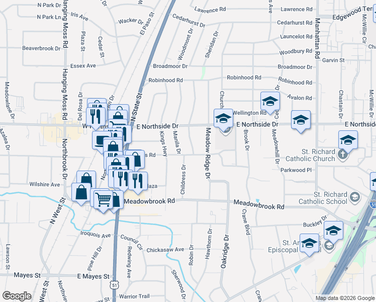 map of restaurants, bars, coffee shops, grocery stores, and more near 503 Naples Road in Jackson