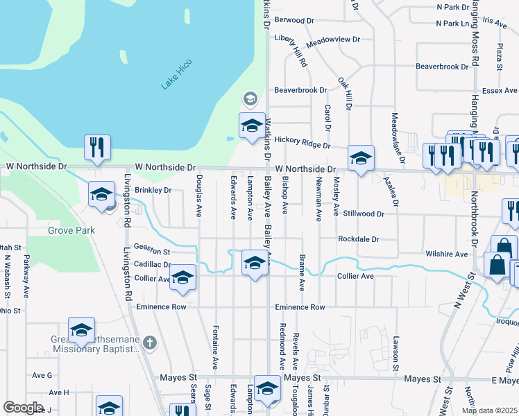 map of restaurants, bars, coffee shops, grocery stores, and more near 3744 Lampton Avenue in Jackson