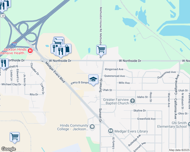 map of restaurants, bars, coffee shops, grocery stores, and more near 2920 Percy B Simpson Drive in Jackson