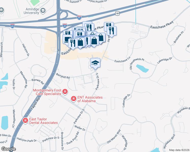 map of restaurants, bars, coffee shops, grocery stores, and more near 2080 Berryhill Road in Montgomery