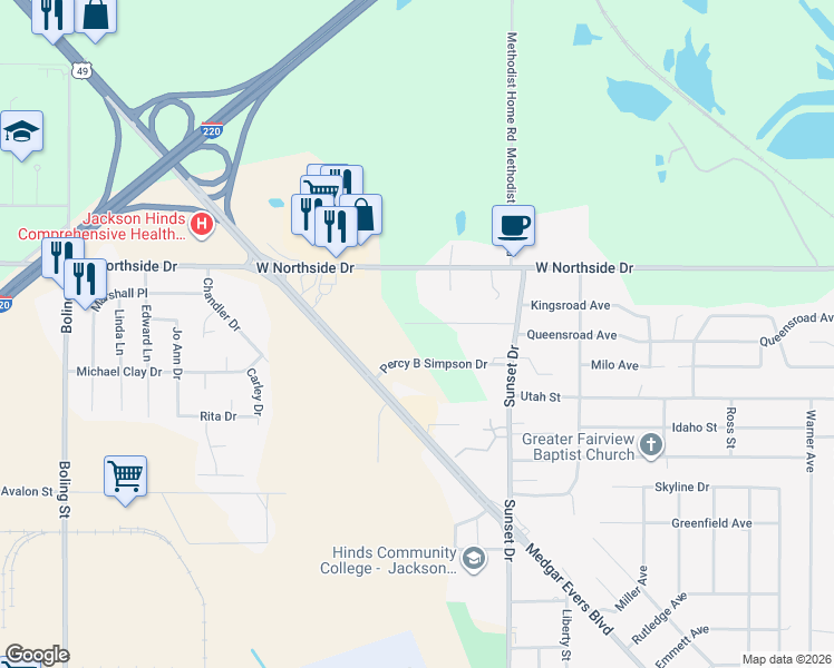 map of restaurants, bars, coffee shops, grocery stores, and more near 2811 Sunray Drive in Jackson