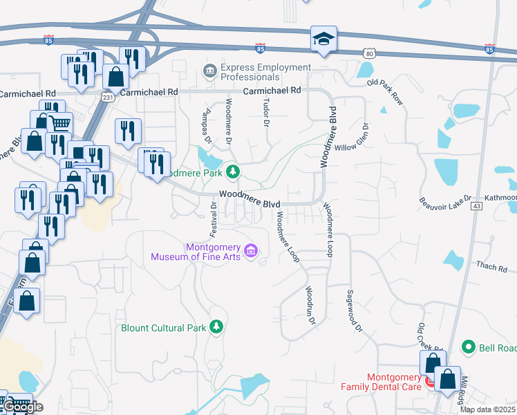 map of restaurants, bars, coffee shops, grocery stores, and more near 1621 Cobblestone Court in Montgomery