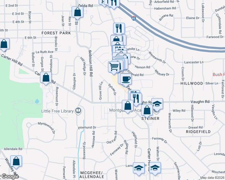 map of restaurants, bars, coffee shops, grocery stores, and more near 1829 Shadow Lane in Montgomery