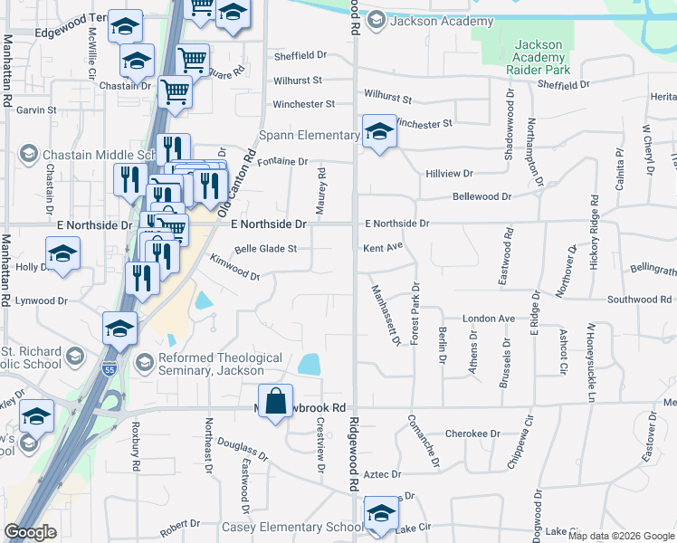 map of restaurants, bars, coffee shops, grocery stores, and more near 1540 Kimwood Circle in Jackson