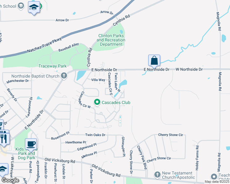 map of restaurants, bars, coffee shops, grocery stores, and more near 204 Twin Lakes South in Clinton