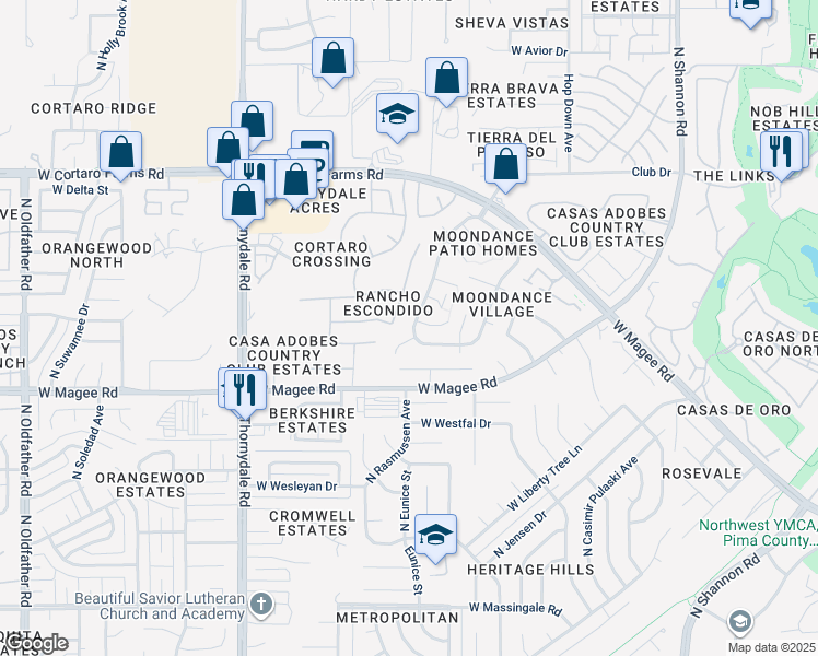 map of restaurants, bars, coffee shops, grocery stores, and more near 8131 North Midnight Way in Tucson