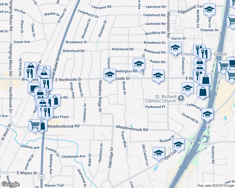 map of restaurants, bars, coffee shops, grocery stores, and more near 4531 Broadmeadow Street in Jackson