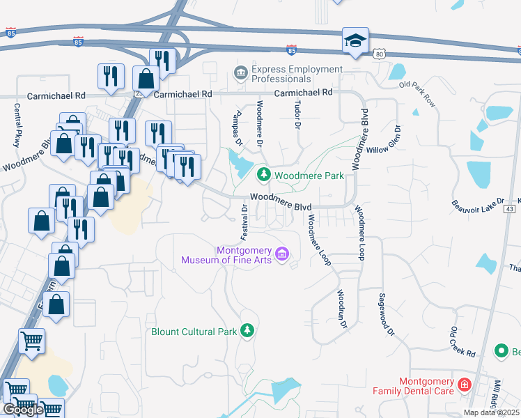 map of restaurants, bars, coffee shops, grocery stores, and more near 1613 Sandstone Court in Montgomery