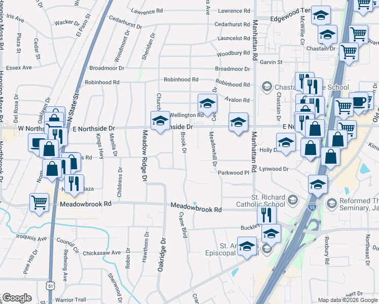 map of restaurants, bars, coffee shops, grocery stores, and more near 4430 Brook Drive in Jackson