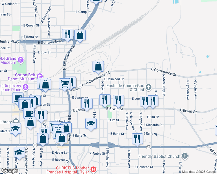 map of restaurants, bars, coffee shops, grocery stores, and more near 1029 East Line Street in Tyler